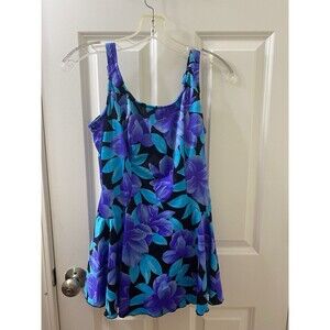 Maxine of Hollywood Sz 16 Teal Purple Floral Tropical Tailored Swimdress